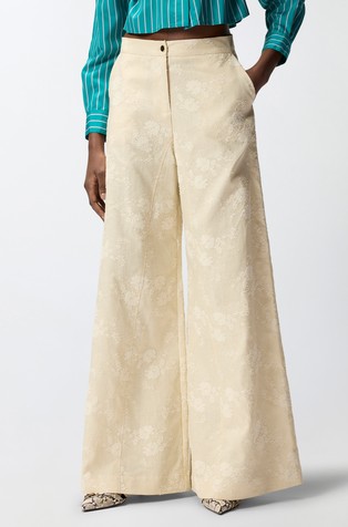 Wide fit linen trousers with floral pattern