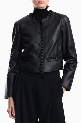 Cropped leather jacket with braided trim