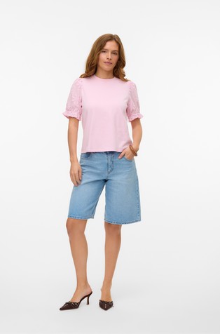 VERO MODA VMSENNA bombažna majica z napihnjenimi kratkimi rokavi Roza - Roseate Spoonbill 5