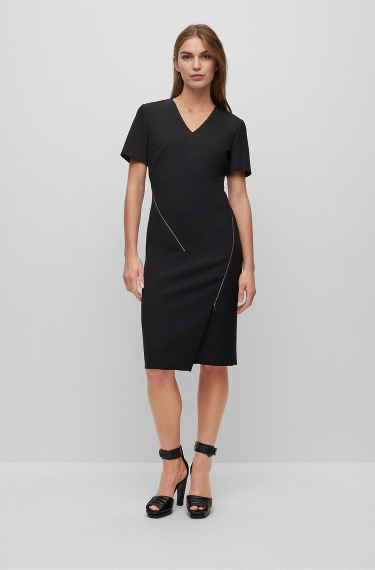 HUGO BOSS Viscose blend dress with asymmetric front zips Black 