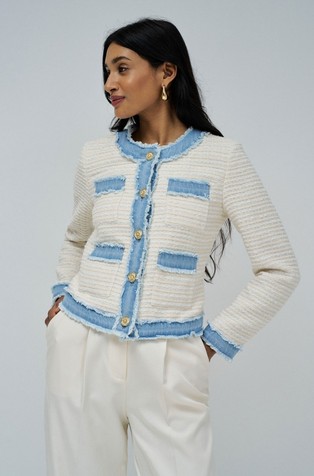 Tweed jacket with denim trims