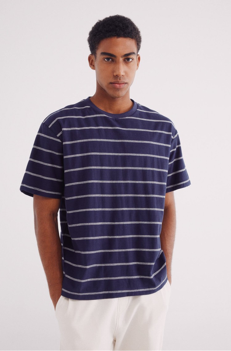 SPRINGFIELD Črtasta bombažna majica z neenakomerno teksturo Modra - Blue/White Stripes 