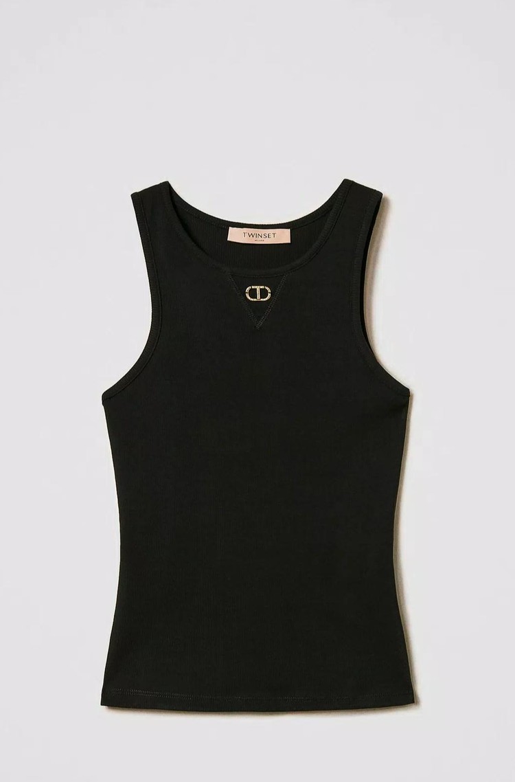 TWINSET Fitted ribbed top with Oval T logo Black 