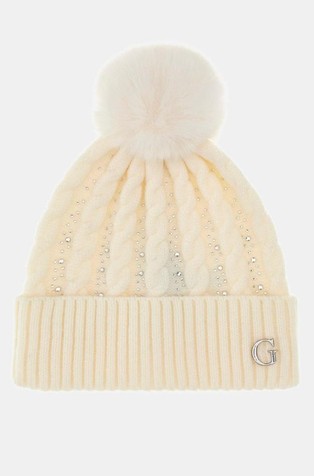 Pom-Pom Knit Beanie With Rhinestones