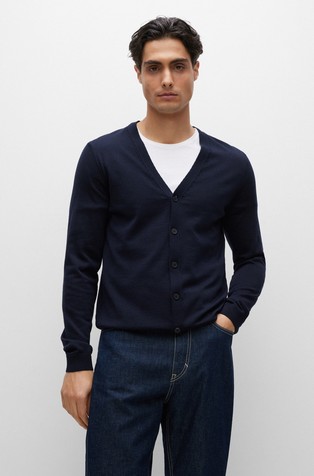 Button-up cardigan in virgin wool with embroidered logo
