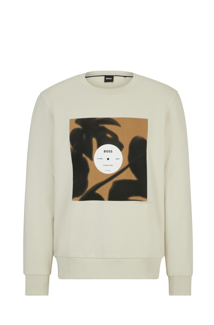 HUGO BOSS Relaxed fit bombažen pulover s potiskom Bež - Beige 