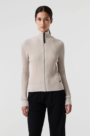 Ribbed-knit cardigan with mock neck
