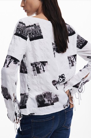 DESIGUAL Teksturirana bluza z vzorcem in pentljami Bela - White / Black 5