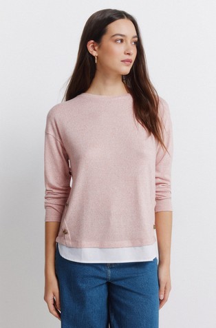 Majica s kontrastnim vstavkom in dekorativnimi gumbi