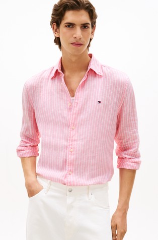 Regular fit črtasta lanena srajca