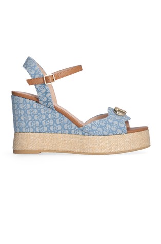 Monogram denim wedge sandals