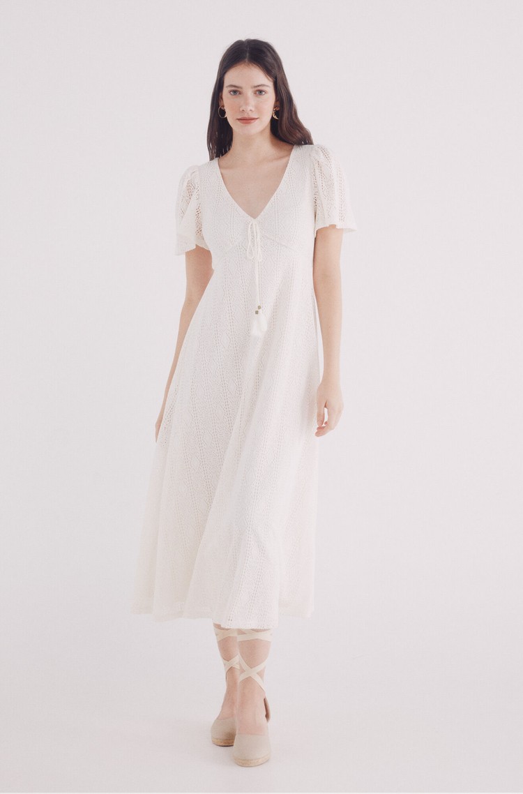 SPRINGFIELD Short sleeve crochet midi dress White 