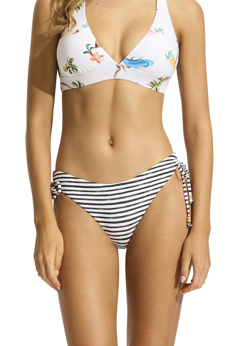 SEAFOLLY Isla Palm Loop Tie Side Bikini Bottom White / Black 