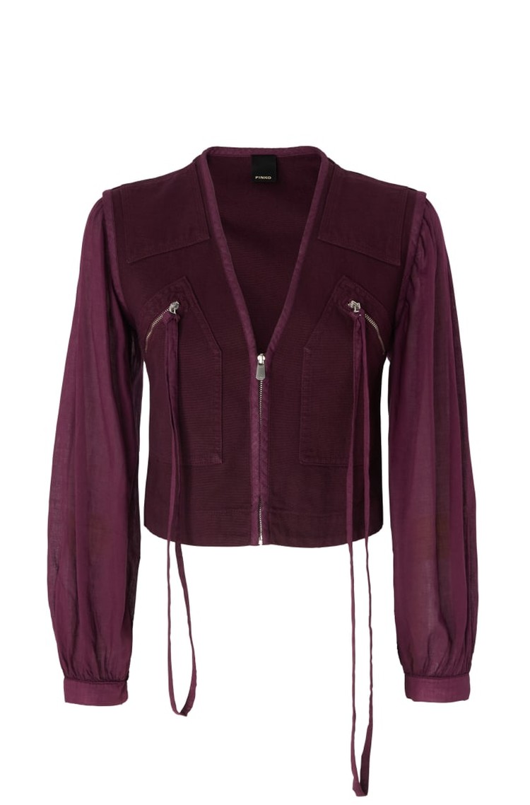 PINKO Cropped canvas blouse with sheer sleeves Bordeaux 