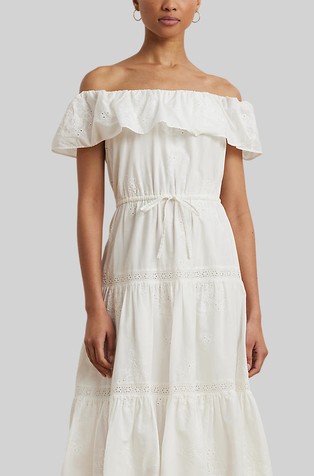 RALPH LAUREN Bombažna obleka z odkritimi rameni in naborki Bela - White 3