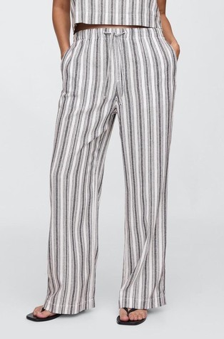 GAP Mid Rise Linen-Blend Pull-On Wide-Leg Pants Blue White Stripe 3