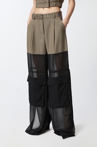 Wide-leg cargo trousers with semi-sheer georgette