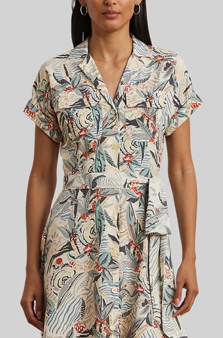 RALPH LAUREN Vzorčasta srajčna obleka s pasnim trakom Bež - Cream Multi 4