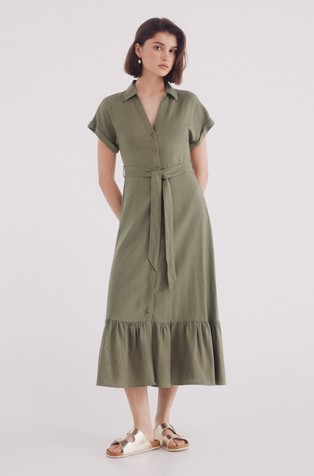 Shirt midi dress with belt in linen blend