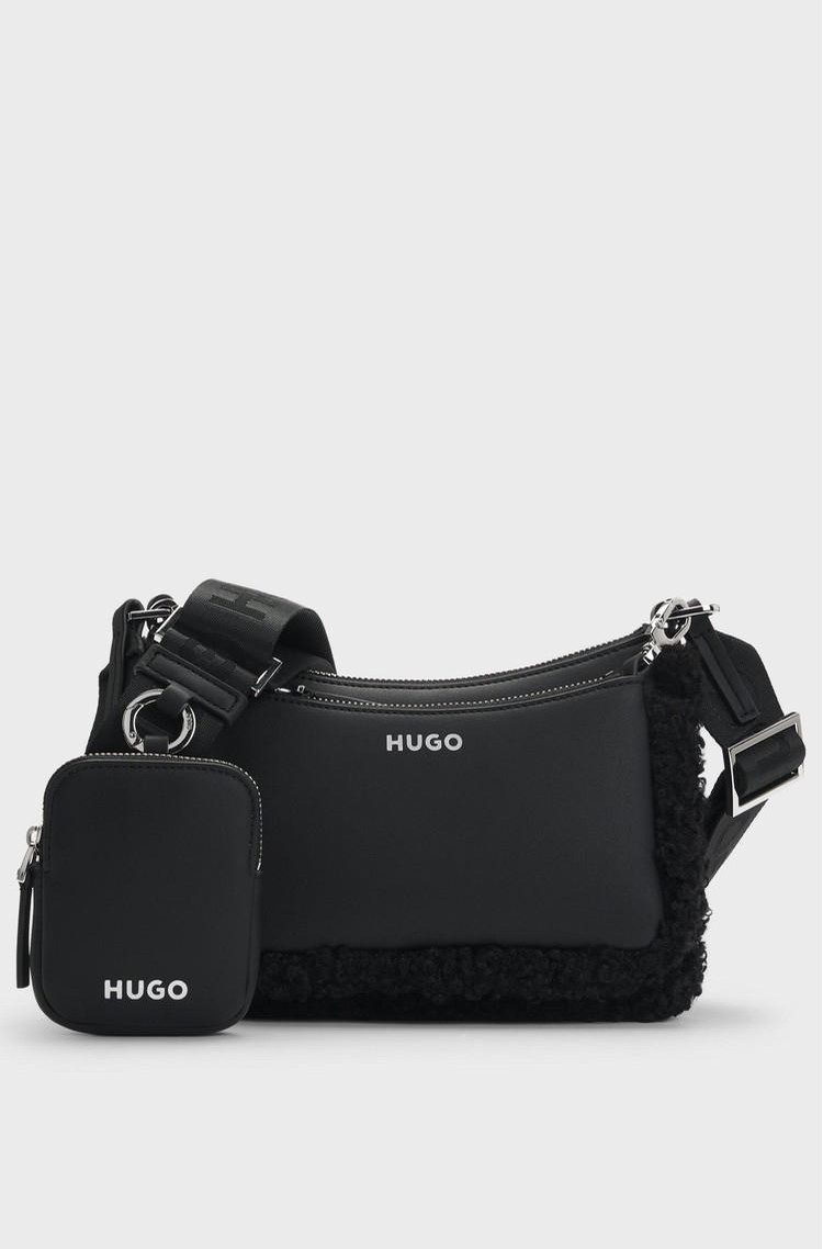 HUGO BOSS Teddy-trimmed faux-leather crossbody bag Black 