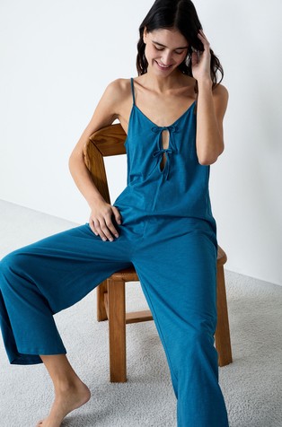 ETAM Eleanore wide cotton pyjama jumpsuit Petrol Blue 3