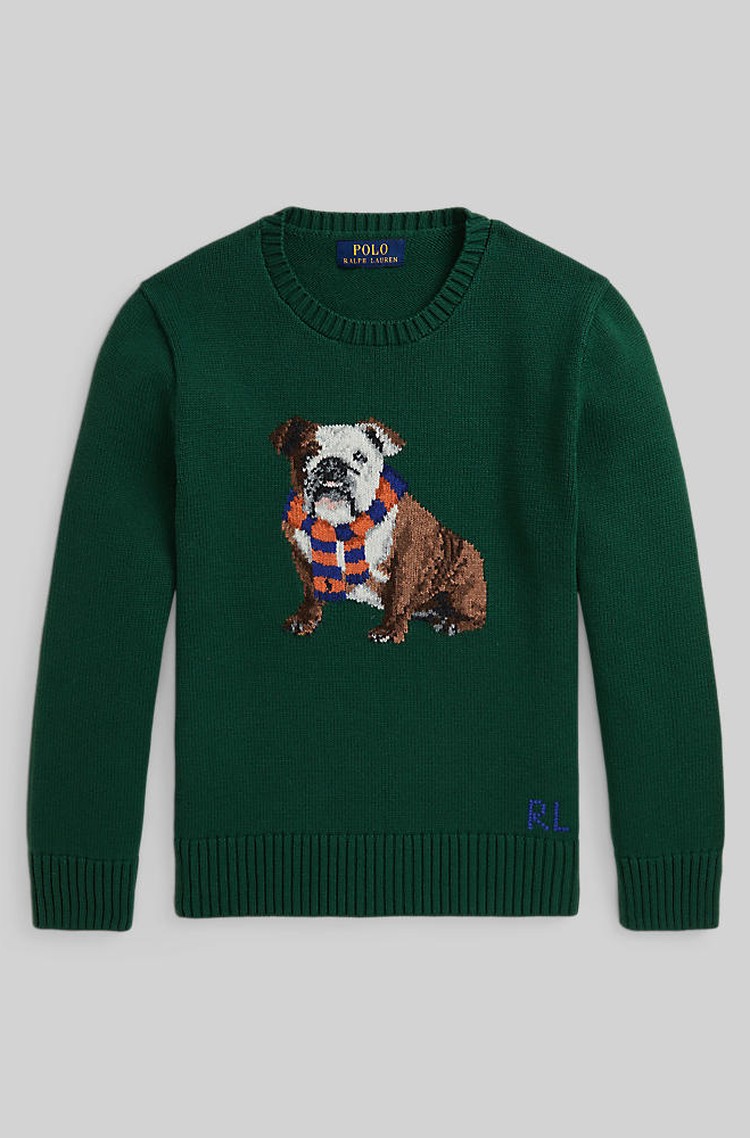 RALPH LAUREN Pleten pulover z intarzijskim motivom psa Zelena - Green 