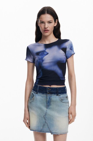 DESIGUAL Denim krilo z navideznim dvojnim pasom Modra - Blue 6