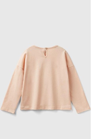 BENETTON Long sleeved cotton T-shirt with kitten print Soft Pink 2
