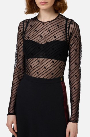 Bodysuit in flocked tulle with diagonal stripes