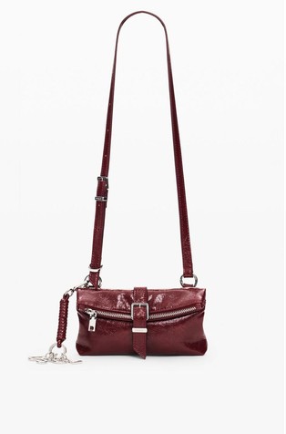 Micro clutch wallet with logo charm in glossy faux-leather