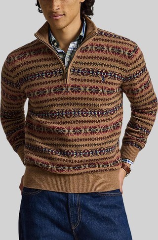 Fair Isle pleten volnen pulover s povišanim ovratnikom