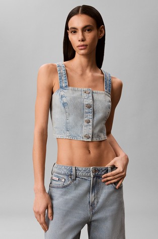 Cropped Logo Tape Denim Tank Top