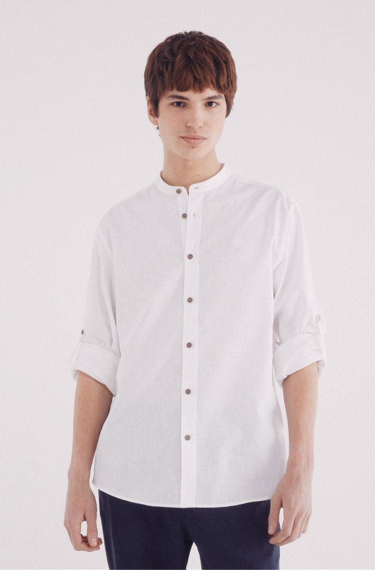 SPRINGFIELD Linen blend shirt with Mandarin collar White 