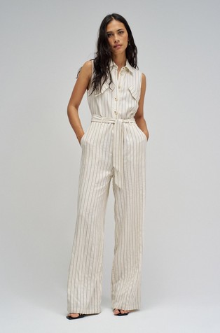 Črtast kombinezon iz mešanice z lanom