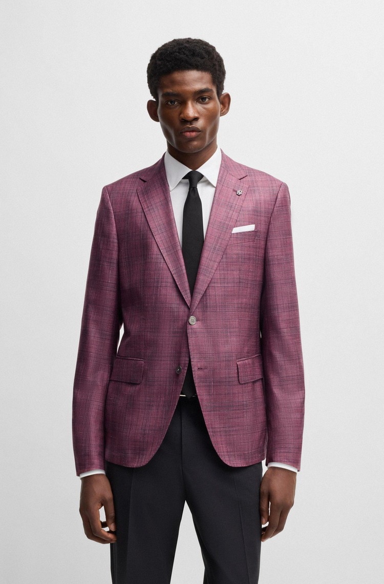 HUGO BOSS Slim-fit blazer in checked virgin wool blend Purple 
