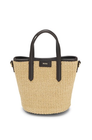Small raffia tote bag with leather trims