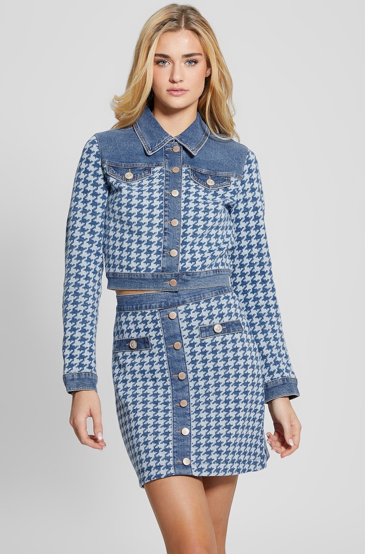 GUESS Tweed Crop Jacket With Denim Inserts Blue 