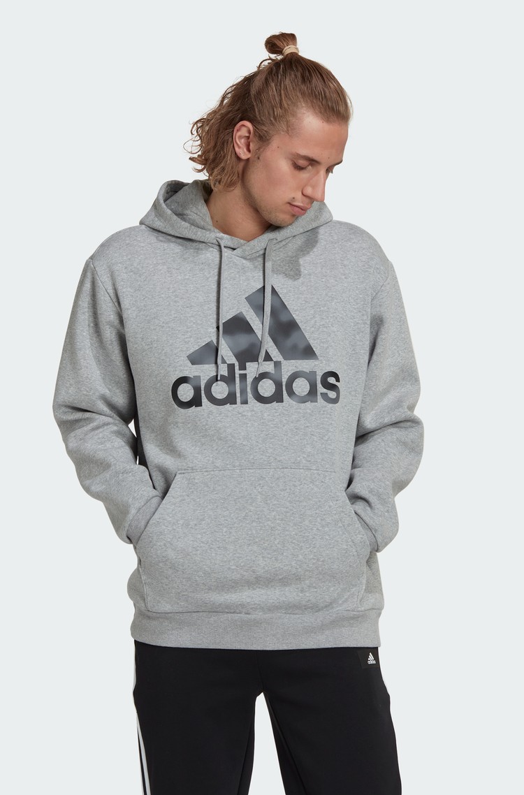ADIDAS Essentials pulover s kapuco in logotipom Siva - Medium Grey Heather 