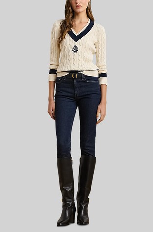 RALPH LAUREN Cable-knit Cotton Cricket Sweater Mascarpone Cream / Lauren Navy 4