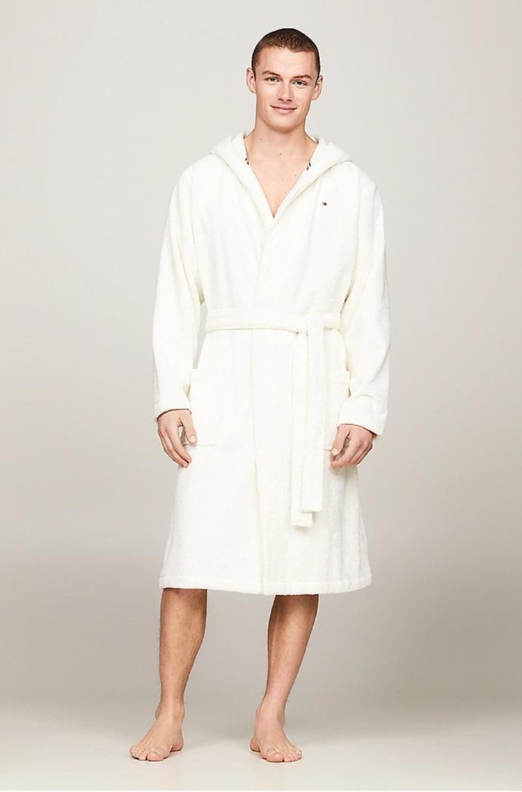TOMMY HILFIGER Frotiran kopalni plašč s kapuco Bela - Ivory 