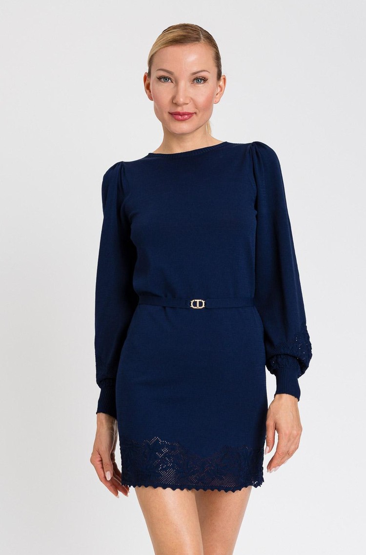 TWINSET Pletena obleka z logo pasom in čipkastimi detajli Modra - Blue Night 