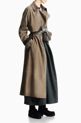Suede trench coat with contrast leather details