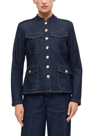 Denim jakna s povišanim ovratnikom in dekorativnimi gumbi
