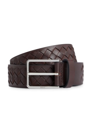 Woven-leather belt with logo buckle