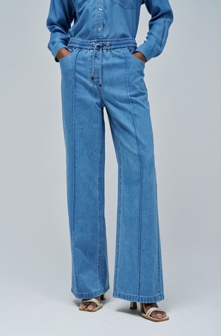 Široke jeans hlače z elastičnim pasom iz lahkega denima