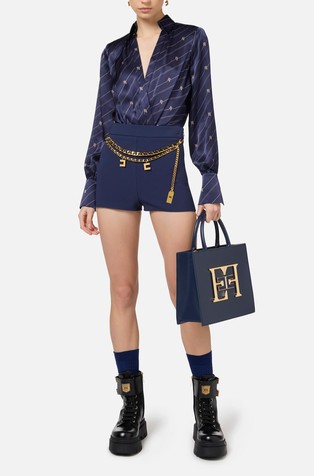 ELISABETTA FRANCHI Bodysuit-style printed blouse in georgette fabric Navy / Cream 3