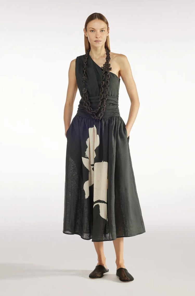 LIVIANA CONTI Midi lanena obleka Črna - Black / Beige 