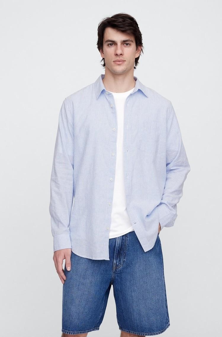 GAP Moška srajca iz lanene mešanice Modra - Blue Stripe 