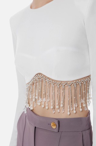 ELISABETTA FRANCHI Velvet crop sweater with beads White 4