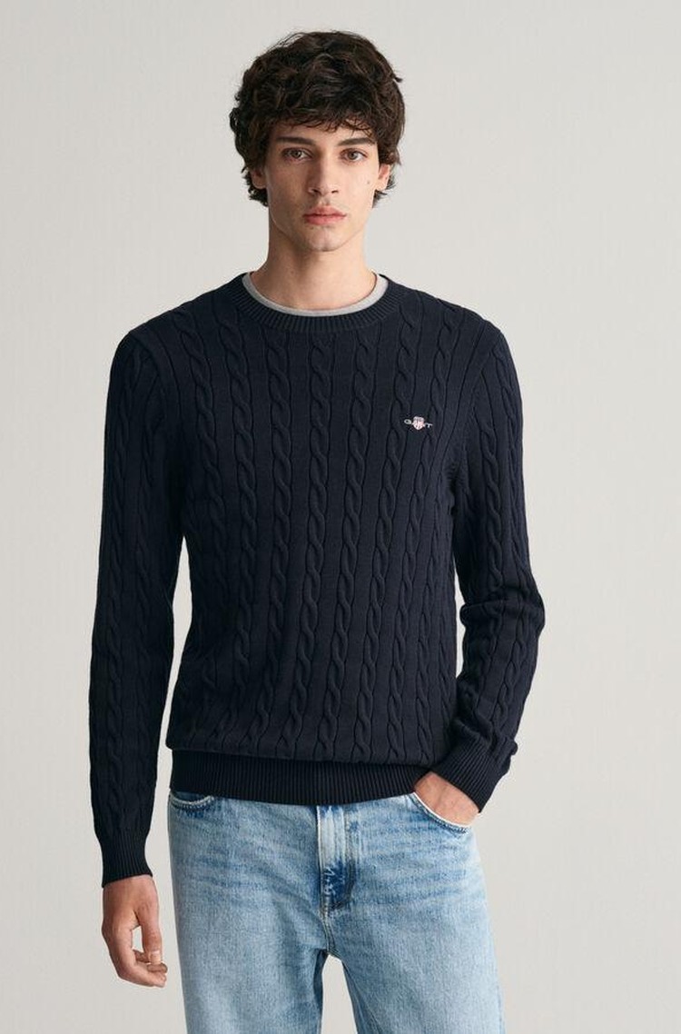 GANT Cotton Cable Knit Crew Neck Sweater Dark Blue 